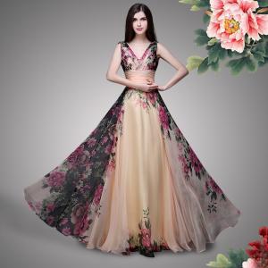 China Double Shoulder Straps Rose Print Flower Bridesmaid Dress Chiffon Bridesmaid Dress supplier