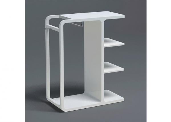 High Glossy White Painted Garment Display Stand With Wooden Shelf