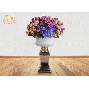 China Glossy White Fiberglass Flower Pot With Gold Leaf Pedestal Floor Vases supplier