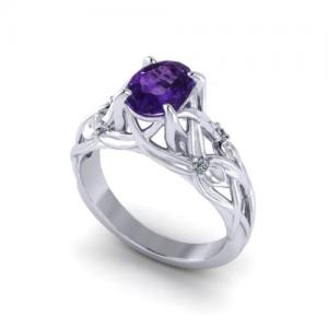 Floral Amethyst Ring In 14k White Gold, 6x8mm Amethyst, Diamond .06cttw