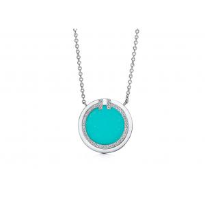 18k White Gold Diamond And Turquoise Circle Pendant with 16-18inch Chain