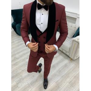 Lazio Burgundy Mens Tuxedo Suit Slim Fit Velvet Shawl Lapel Tuxedo