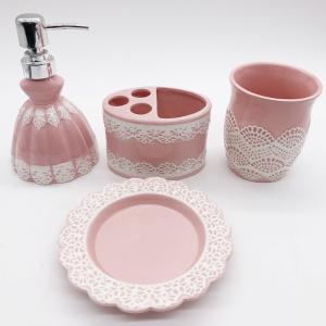 China Pink Lace Dress Ceramic Bathroom Set / Soap Lotion Dispenser Set Dish Brush Holder supplier
