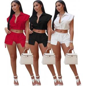                  Women&prime;s Sexy Summer Two Piece Outfits Button Down Crop Top Short Sleeve Tracksuit Sets with Pockets Plus Size Suit for Women             