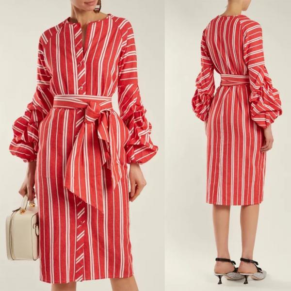 2018 Women Clothes Gathered Bell Sleeves Striped Midi Design Fashion Dresses For