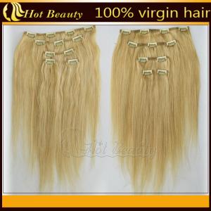 China Straight Wave Golden Real Hair Clip In Hair Extensions for Short Hair -18 inch supplier