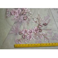China Embroidered 55 Inch Peach Color 3D Floral Rose Lace Fabric With Beads And Sequins on sale