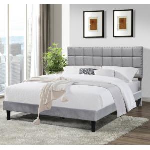 Grey Upholstered Twin Bed Frame Tufted Fabric Buttons With Squared Lines