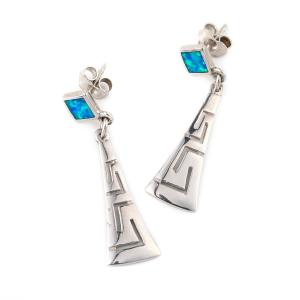 Retro Greek Key Curvy Silver Blue Fire Opal Dangle Earrings High Quality Jewelry For  Women