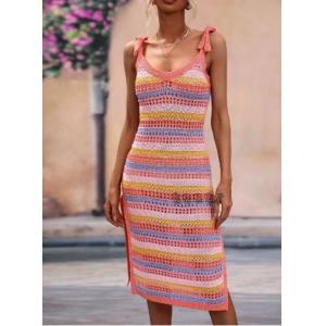 Small Order Clothing Manufacturers Women'S Sleeveless Dress Striped Knitted Split Round Neck Dresses