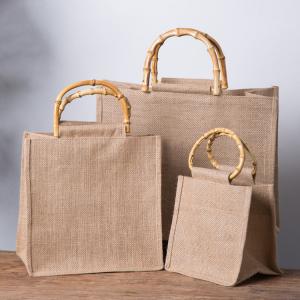 Reusable Shopping Burlap Tote Bag Jute Tote Bag Bamboo Handle