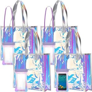 Beach Totes Bags For Women Waterproof Iridescent Shoulder Handbags With Phone Pouch Clear Beach Bag, Foldable & Washable Tote Bag For Work Gym Pool, Travel Wedding, Compatible