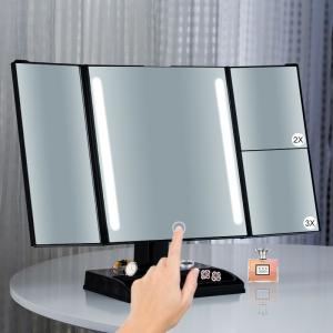 Square Glass Foldable Tri Fold Tabletop Vanity Mirror With Dry Battery