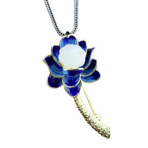 18K Gold Plated 925 Silver Enamel Lotus Flower Jade Pendant Necklace Brooch For Women(XZ81001)
