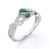 China Crossover Over Shaped Opaque Milky Moss Green  Agate Engagement Ring In 18K Filigree Engagement Ring on sale