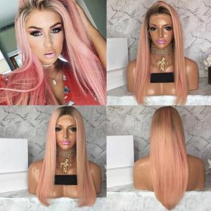 China Straight Human Hair Ombre Full Lace Pink Wig Black Root Light pink Front Lace Wig Middle Part With Baby Hair supplier