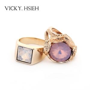 VICKY.HSIEH Multi Tone Pink Opal Stone Ring Set 2 pcs