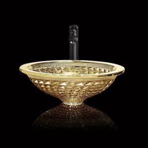 China Chromed Clear Glass Bowl Sink Golden Wash Hand Modern Crystal Bathroom Vanity supplier