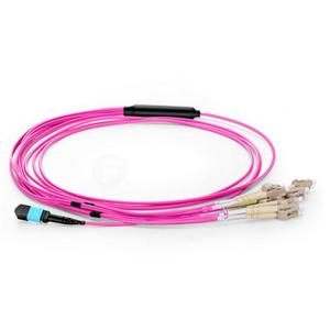 China Purple OM4 purple mpo mtp to LC fiber optic patch cord  Fanout 12 cores supplier