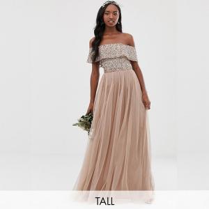 Tall Bridesmaid bardot maxi tulle dress with tonal delicate sequins in taupe blush