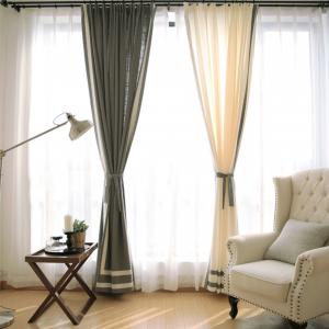 100% Linen Cotton Window Curtains , Country Style Grey And White Curtains