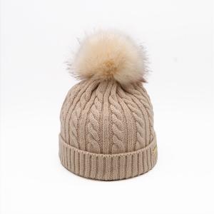 China Embroidery Unisex Knit Beanie Hats In White Chunky Cable Knit Pompom Soft Warm Hat supplier