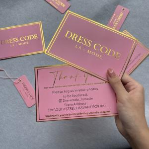 Gold Foil Printed Hangtag High Quality Custom Paper Brand Apparel Product Tags, Logo Pink Tag String Clothing Hangtag