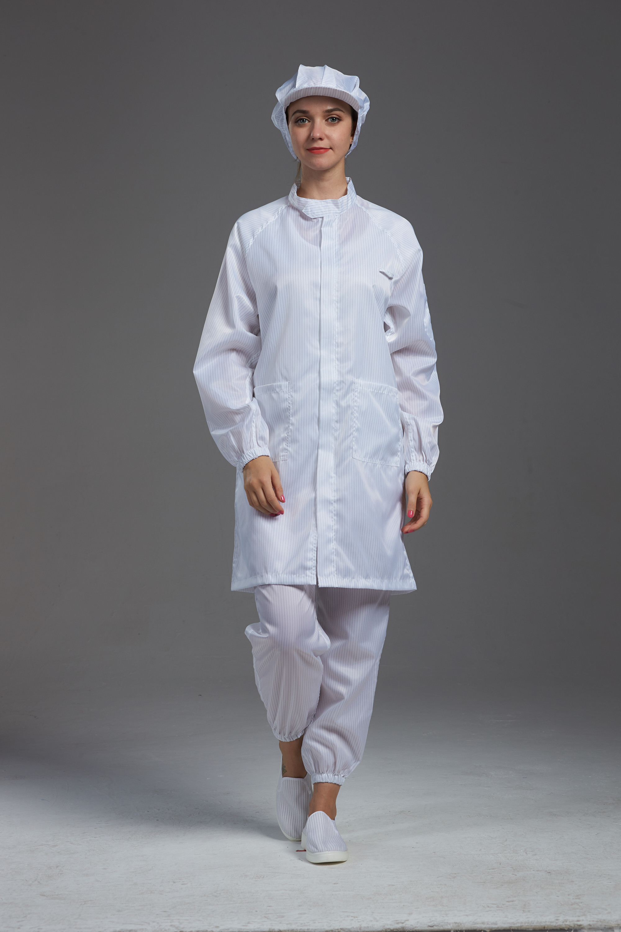Anti Static ESD Labcoat Garment Resuable Class1000 straight open stand collar durable white in SMT Workshop