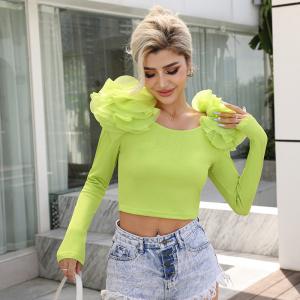 China Women'S Handmade Lace Blouse Elegant Timeless Style Lime Crepe Oversized Shoulder Pad Long Sleeve Bodysuit supplier