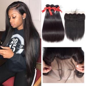 China 8 Inch 100 Peruvian Human Hair Weave Straight Bundles With Lace Frontal 1B supplier