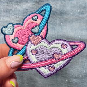 Custom Heart Planet Cute Space Embroidered Iron On Patch Twill Fabric Background