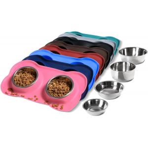 Active Pets Dog Bowl Set Stainless Steel No Spill Mess-Proof Food & Water Dog Food Bowls with Silicone Mat