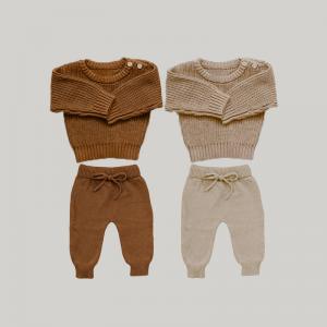 China Baby Chunky Knitwear Handmade Crew Neck Sweaters Pullover Knitted Long Pants 2Pcs Lounge supplier