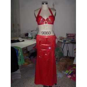 China 2 pcs Red Halter Neck Metallic Floor Length Bras & Skirt Belly Dancing Clothes supplier