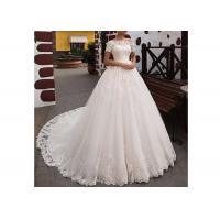 China Zipper Back Long Tail Wedding Gowns Off White Color Off Shoulder Short Sleeve Lace on sale