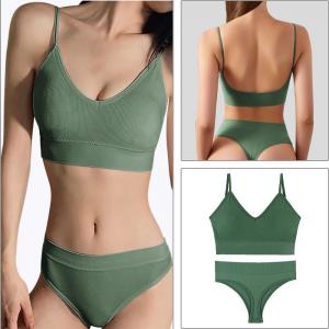 Plain Dyed Cotton Women Underwear Sports Bra Set With Seamless Thin Straps