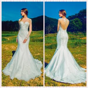 Sheer Long sleeves Mermaid Sheer back Lace wedding gown Bridal dress#CN1