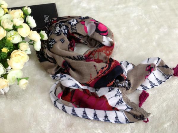 Lady Big Artificial Cotton Voile Scarves With Tower Pattern