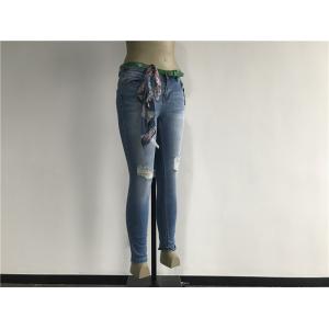 China Light Wash Knee Rip Ladies Denim Jeans / Skinny Stretch Denim Jeans With Scarf TW81488 supplier