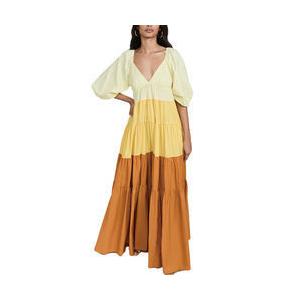 China                  Ladies V Neck Puff Sleeve Dress for Women Color Block Clothing Manufacturers Elegant Nylon Custom Logo Maxi Dress              supplier