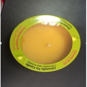 Yellow Citronella tin scented candle with the printed label shrinked