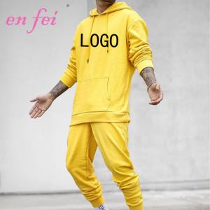 OEM 80% cotton 20% Polyester Yellow Tracksuit 2 Piece Set for Men Custom Solid Color Sweatsuit Pullover Hoodie and Pant