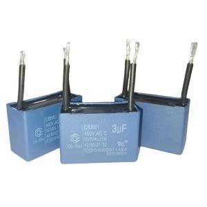 China 2 Wire Blue Air Conditioner Fan Capacitor CBB61 450V 3.0mfd With 30 Line Length supplier