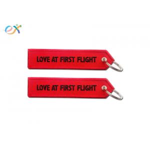 Personalized Embroidered Keychains Black Words On Red Background With Merrow Edge