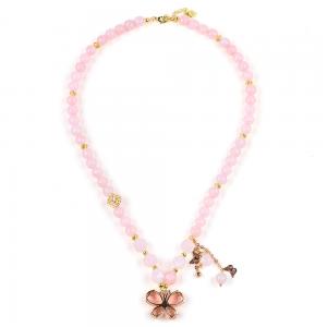 Butterfly Charm Rose Quartz Stone Crystal Sweater Necklace Emotional Healing