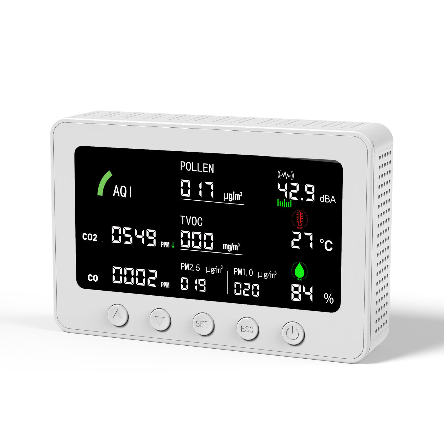 China Testeur de qualité de l'air multi-gaz - Détecteur 10-en-1 AQI/CO2/Bruit/COVT/Pollen avec surveillance à distance WiFi et stockage de données wholesale