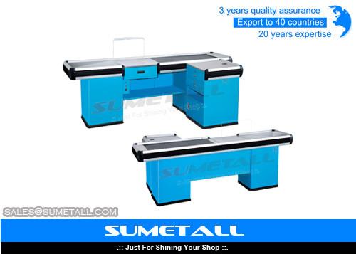Customized Retail Checkout Counter With Conveyor Belt , Cash Register Table