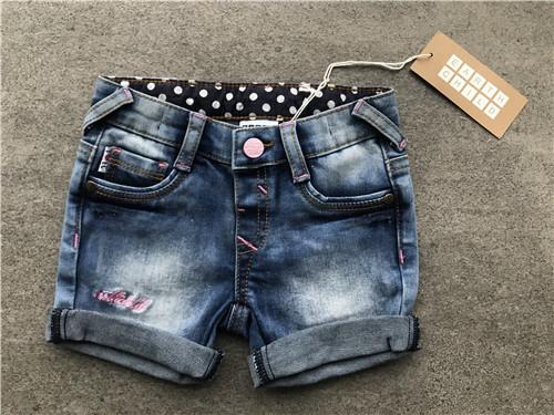 Casual Kids Denim Jeans Girls Mid Thigh Denim Shorts With Dots Woven Contrast