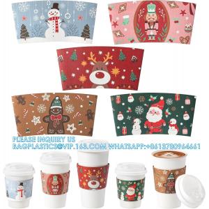 Christmas Paper Coffee Cup Sleeves, Disposable Corrugated Cardboard Paper Jacket Fit 12oz, 16oz, 20oz, 24oz