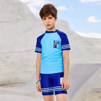 China Split Blue Boy Swimsuit With Swimming Cap Student Conservative Summer Kids Swimsuit on sale